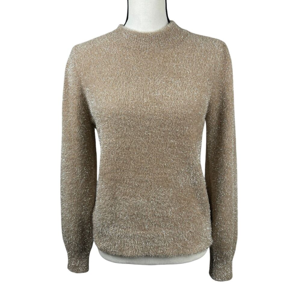 White House Black Market Metallic Tinsel Sweater Medium Champagne Long Sleeve